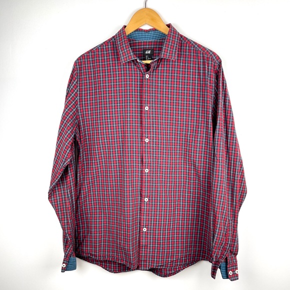 H&M Mens Red Checkered Button Up Shirt Size L - Picture 2 of 13